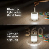 Light diffuser with 360-degree soft ambient lighting on a wooden floor.